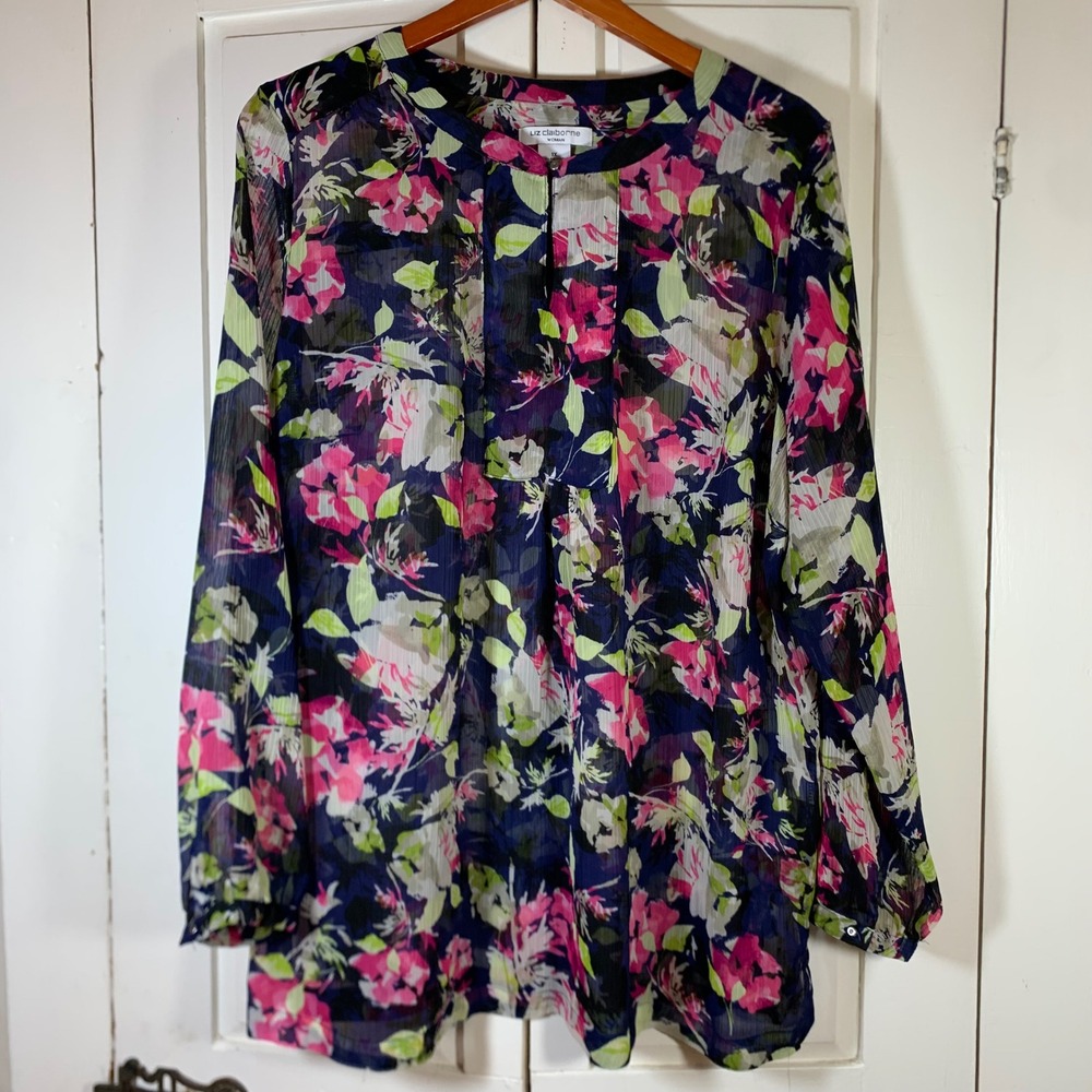 Liz Claiborne Woman 1X Floral Sheer Chiffon Blouse Navy Pink LS Split Neck Flowy